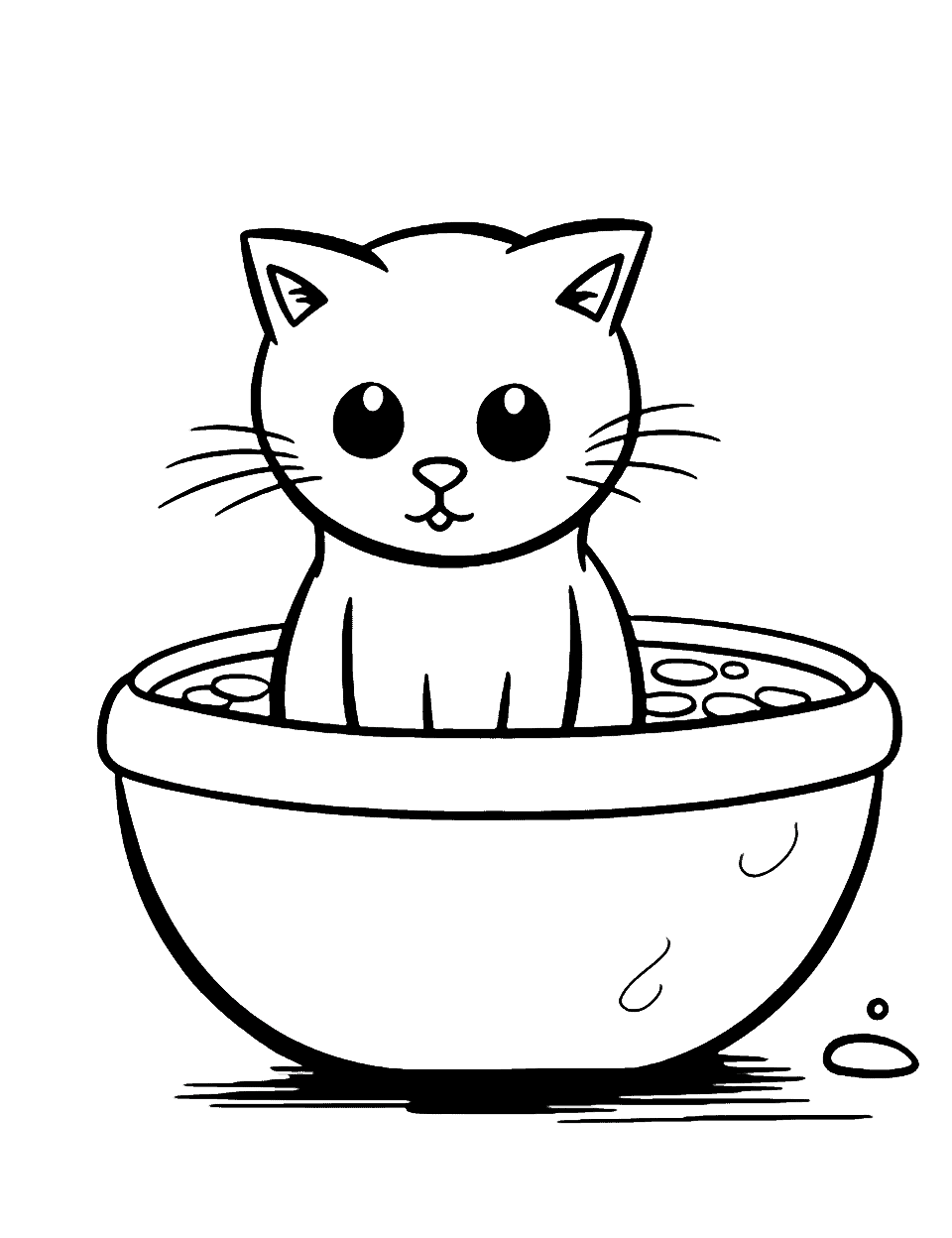 Simple Cat in a Bowl Coloring Page - A simple image of a cat sitting inside of a bowl, perfect for beginners.
