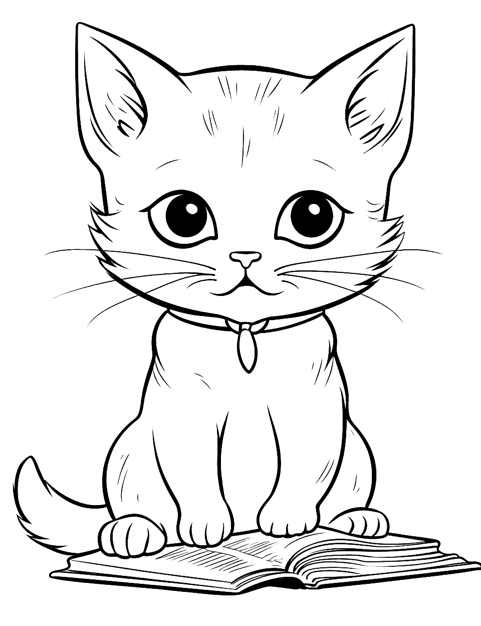 Chibi-Style Cat Reading a Book Coloring Page - A chibi-style cat reading a large book with a look of concentration on its face.