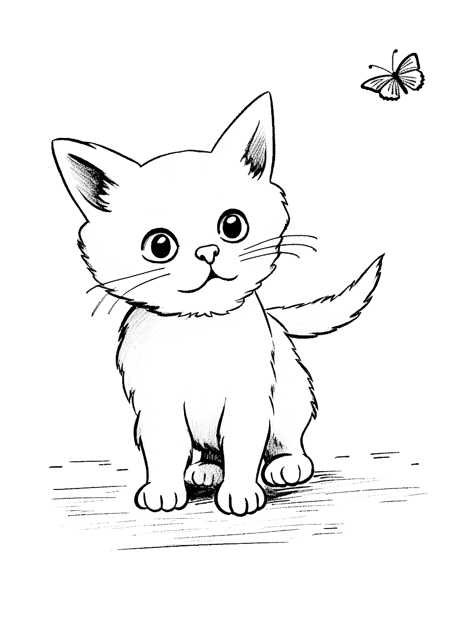 Baby Cat Chasing a Butterfly Coloring Page - A baby cat bounding joyously after a fluttering butterfly.