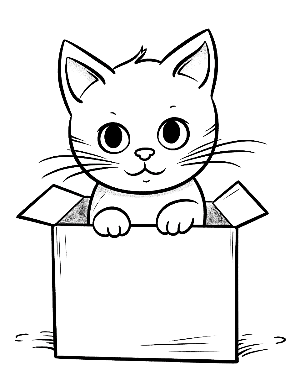 Preschool Coloring Page of a Cat in Box - A cute and simple image of a cat popping out of a cardboard box.