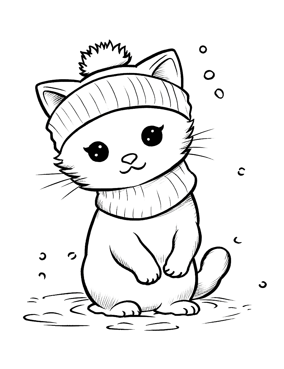 Cute Kitten Playing in the Snow Cat Coloring Page - A kawaii kitten wearing a hat having fun on a snowy day.