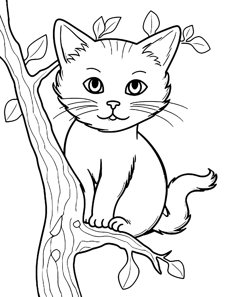 Easy Coloring Sheet of a Cat on Tree Page - A simple image of a cat climbing a tree, easy for young kids to color.
