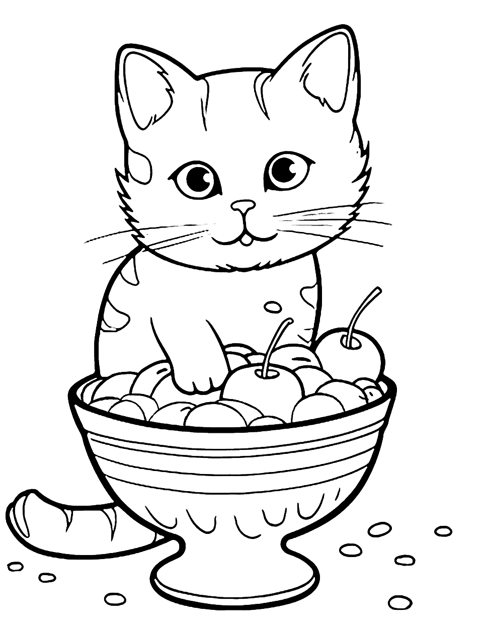 Ice Cream Sundae Cat Coloring Page - A happy cat sitting inside a large ice cream sundae, complete with a cherry on top.