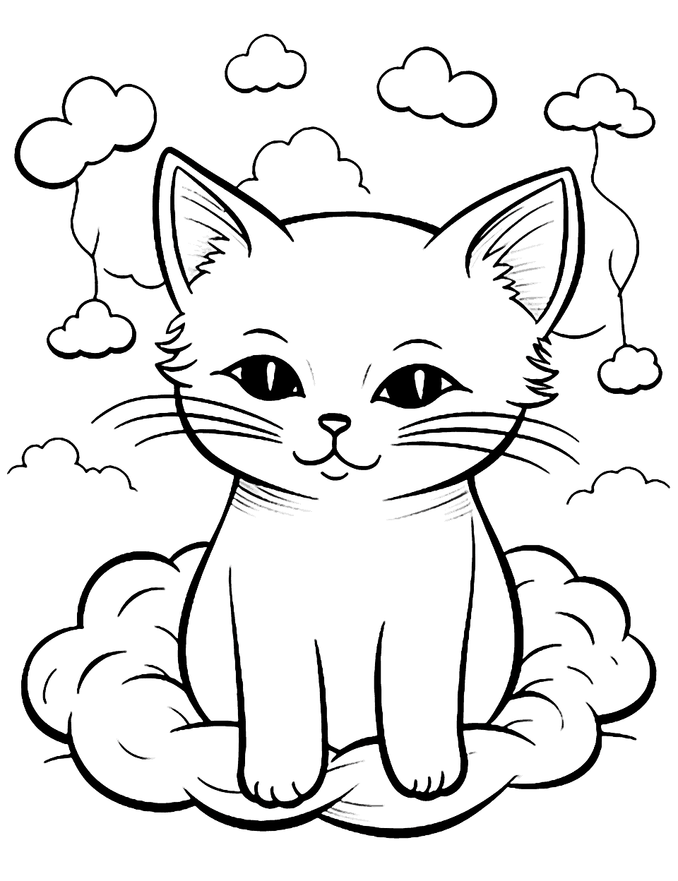 Cat Dreaming of Clouds Coloring Page - A snoozing cat dreaming with dreamy clouds around.