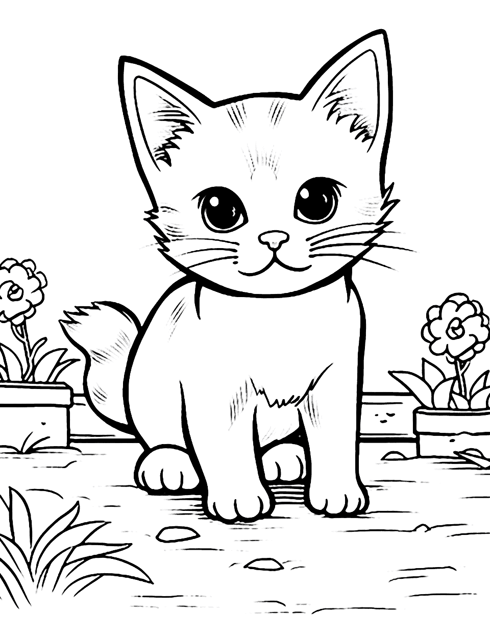 Baby Cat Exploring the Yard Coloring Page - A baby cat stepping out into the yard for the first time with a look of excitement.