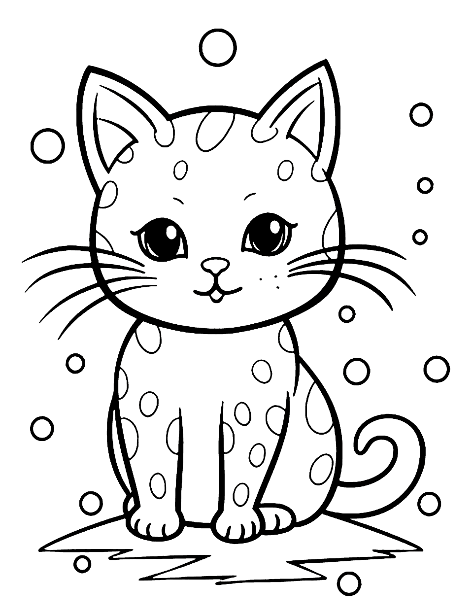 Cat in the Rain Coloring Page - A cat sitting in the rain, with detailed raindrops and puddles.