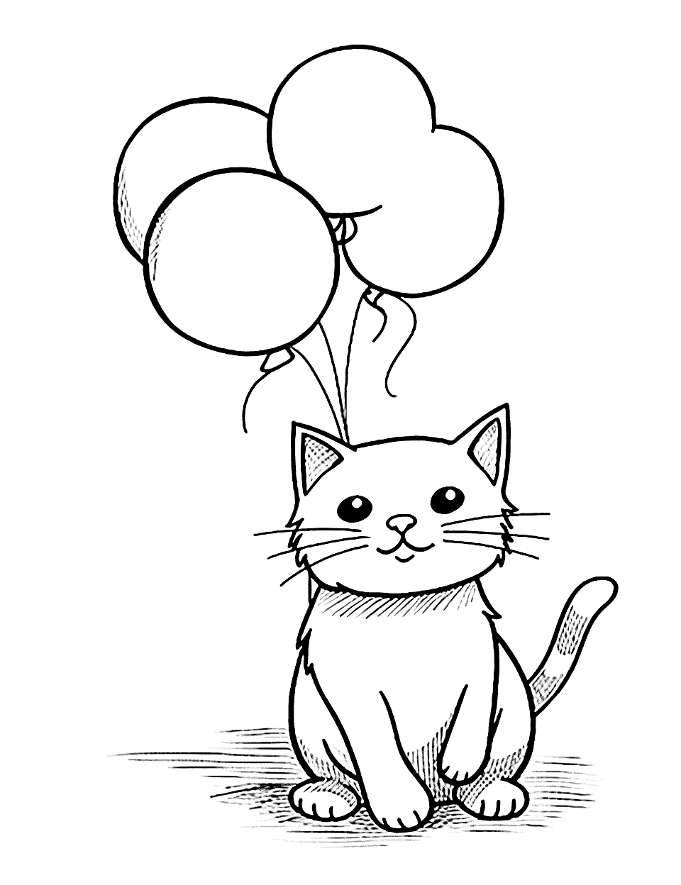 Birthday Cat With Balloons Coloring Page - A cat is flying away with a bunch of colorful birthday balloons.