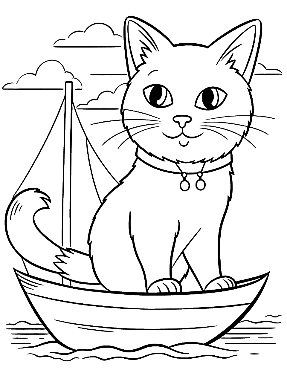 Cat on a Summer Boat Ride Coloring Page - A cat enjoying a relaxing boat ride on a summer lake.