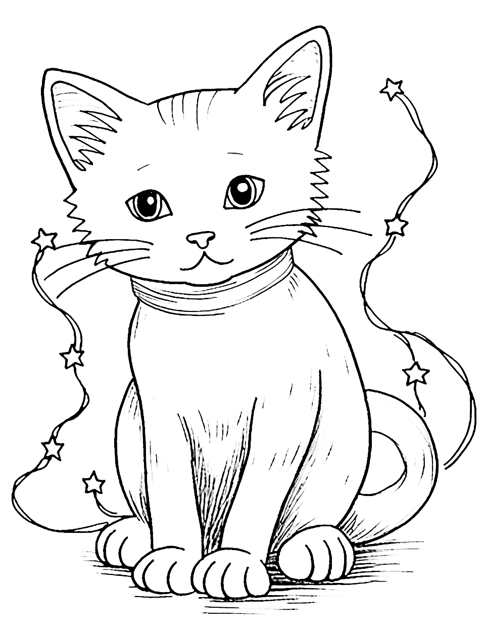 Christmas Cat Wrapped in Lights Coloring Page - A mischievous cat tangled in a string of Christmas lights.