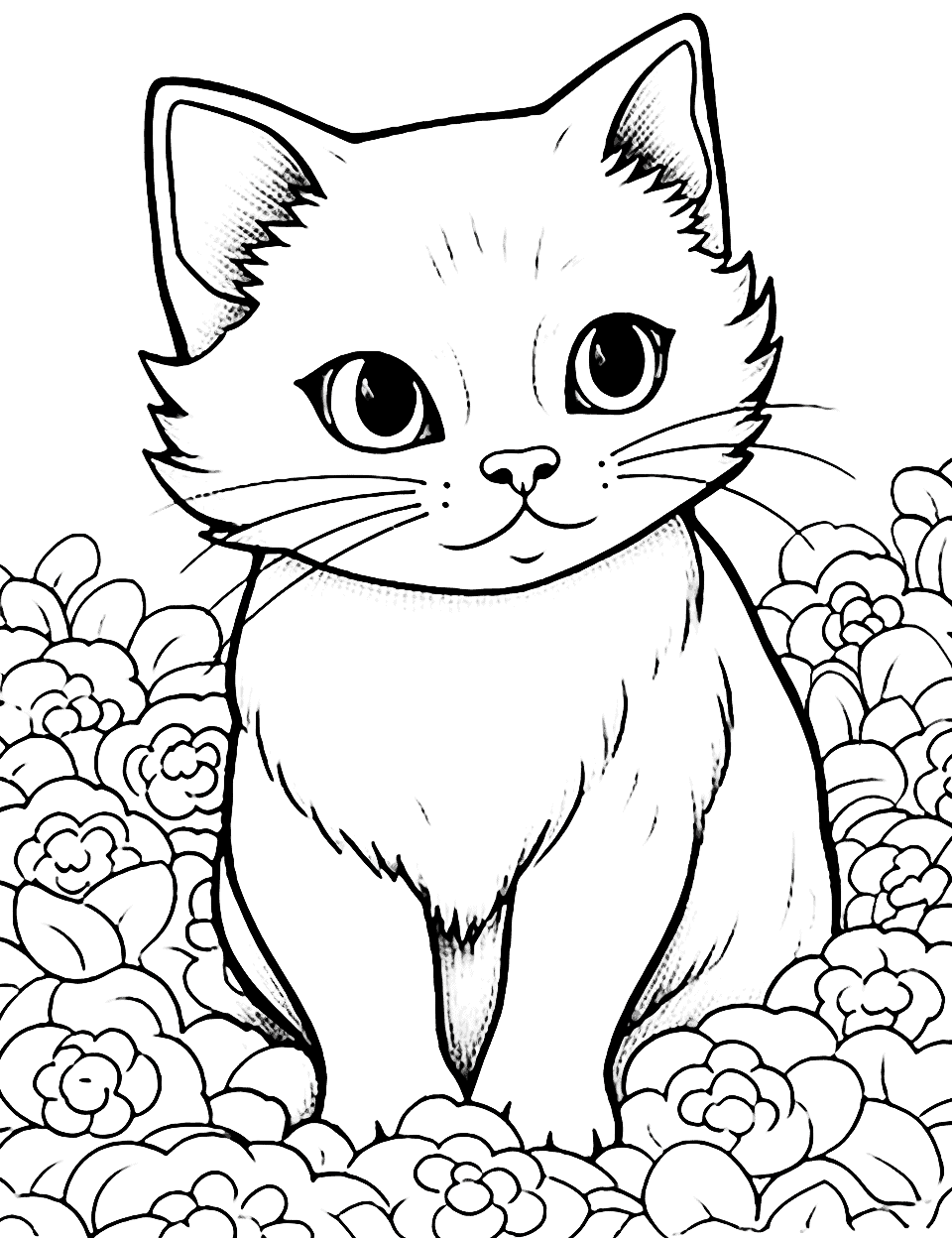 Cat in a Flower Field Coloring Page - A blissful cat lying in a field of vibrant, blooming flowers.