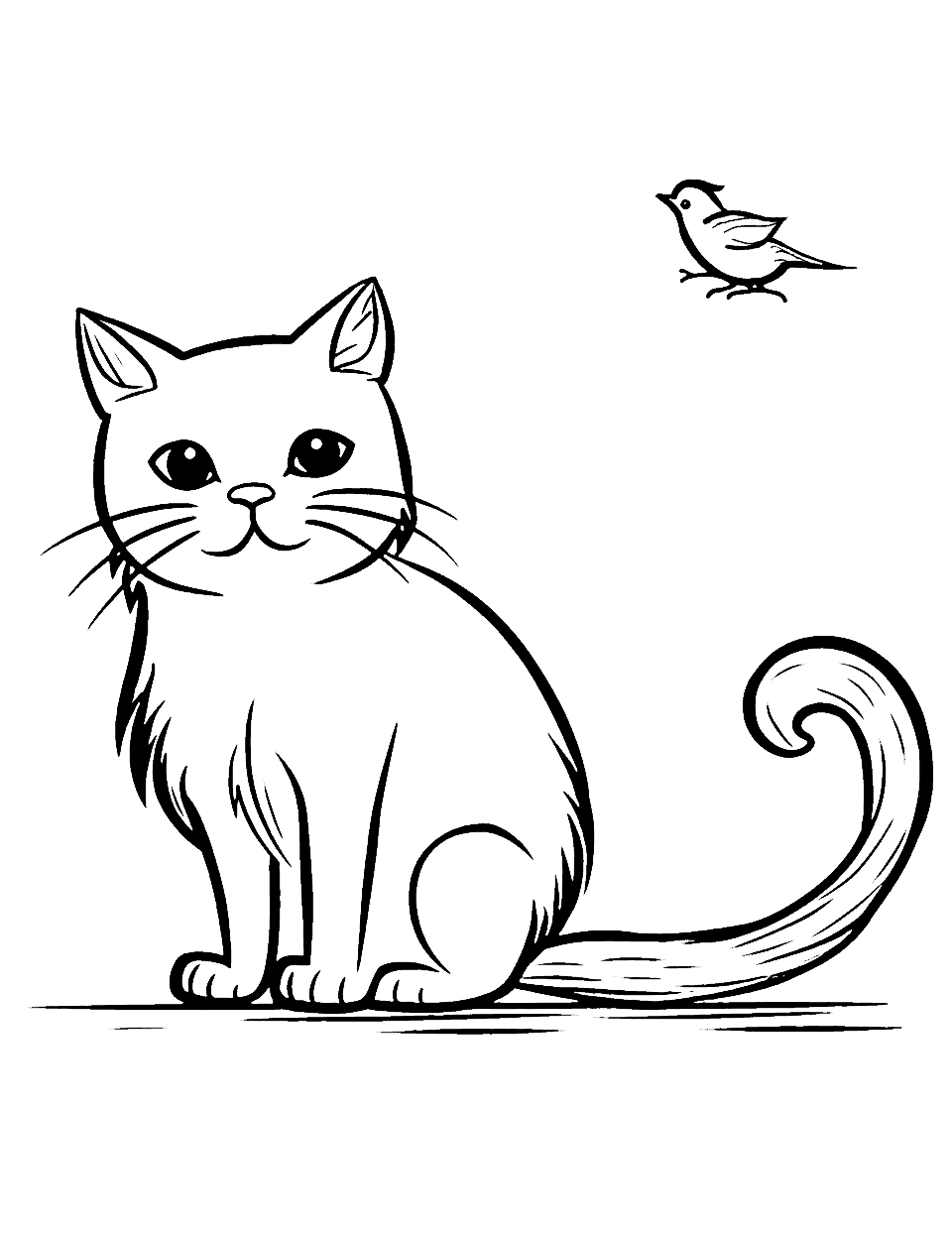 Easy Cat and a Bird Coloring Page - A simple coloring page of a cat and a bird sitting side by side, perfect for beginners.