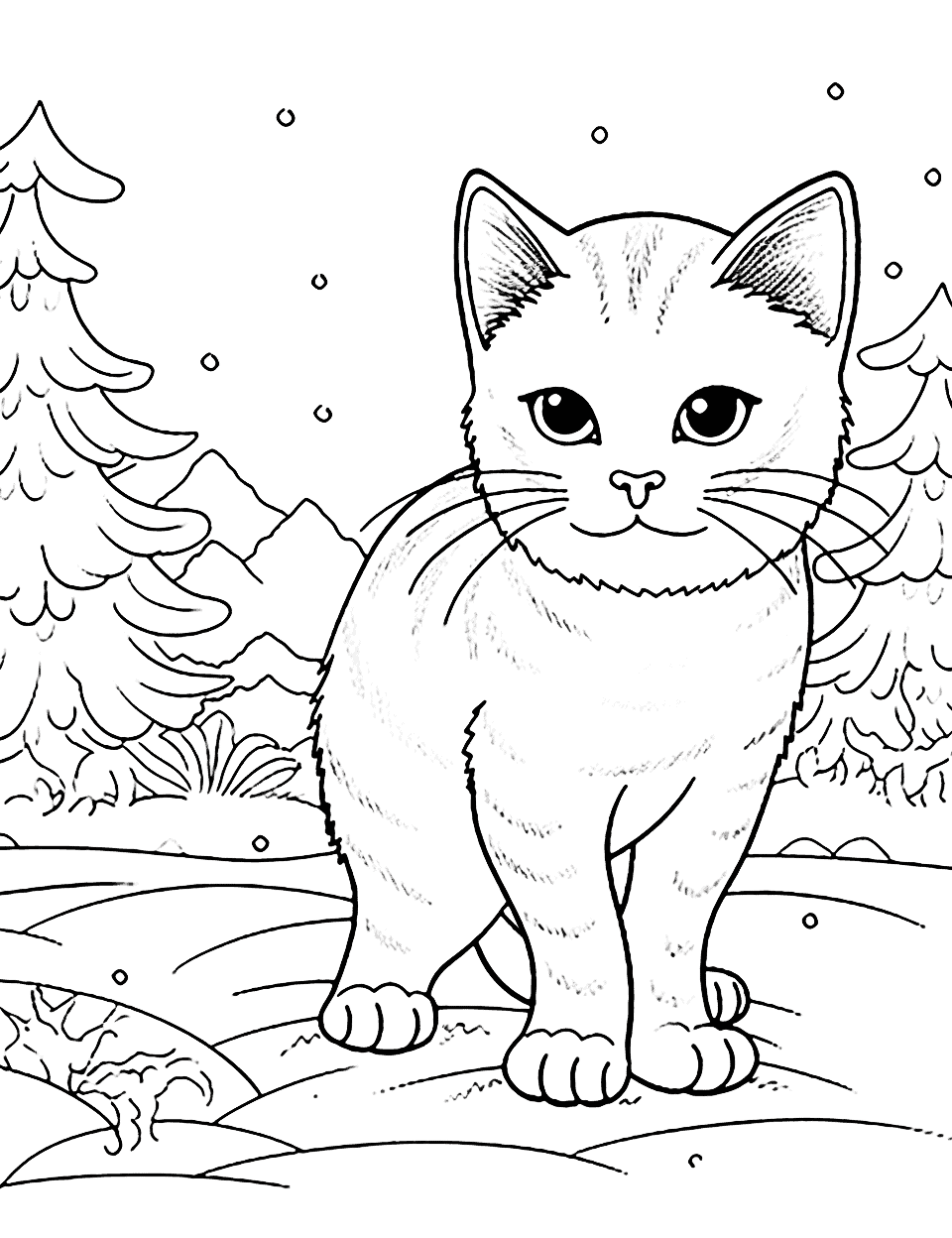 Detailed Cat in a Winter Landscape Coloring Page - A cat is walking through a snowy landscape with intricate patterns in the snowflakes.