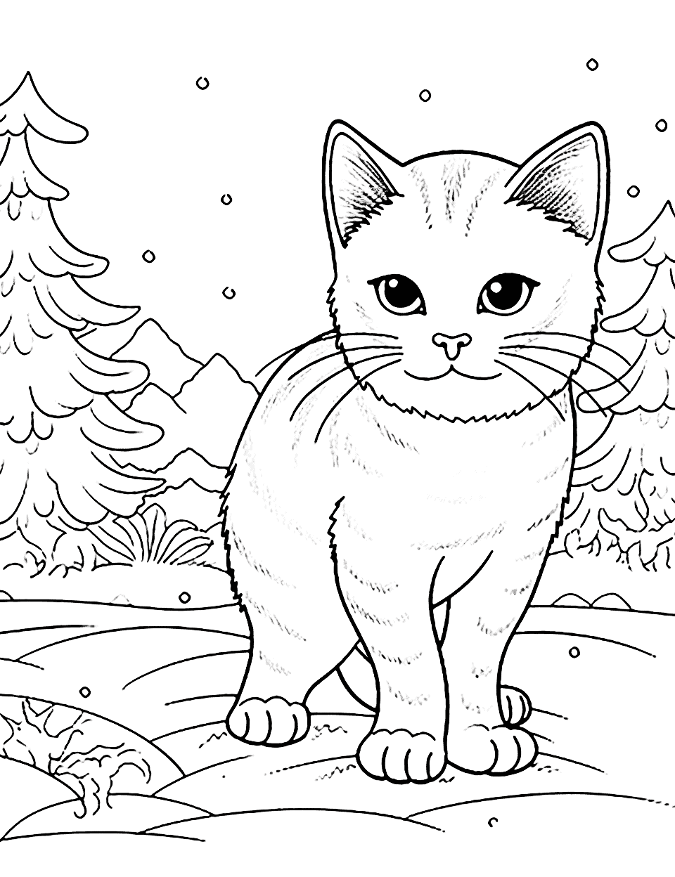 Detailed Cat in a Winter Landscape Coloring Page - A cat walking through a snowy landscape, with intricate patterns in the snowflakes.