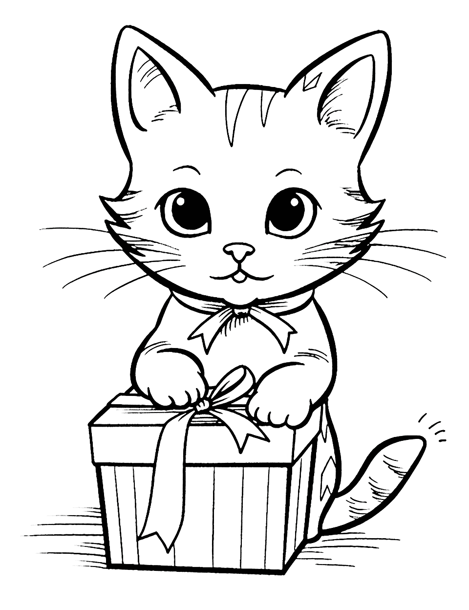 Christmas Cat and a Gift Box Coloring Page - A cute cat opens his Christmas gift box with a beautiful ribbon.