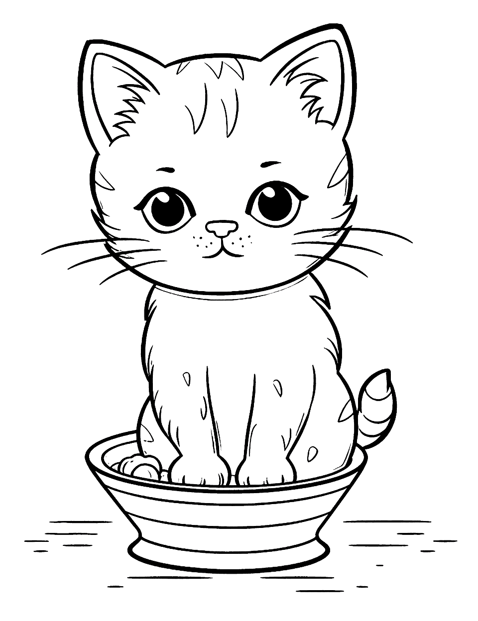 Ice Cream Cat and a Melting Sundae Coloring Page - A cat looking worriedly at an ice cream sundae that’s melting under the hot sun.