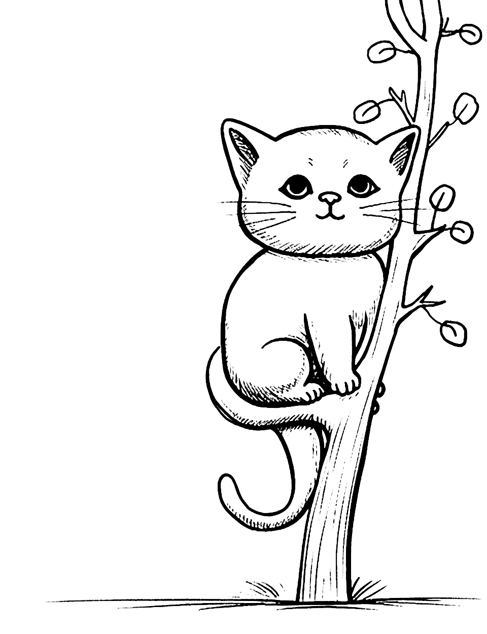 Baby Cat's First Climb Cat Coloring Page - A baby cat climbs a tree for the first time.