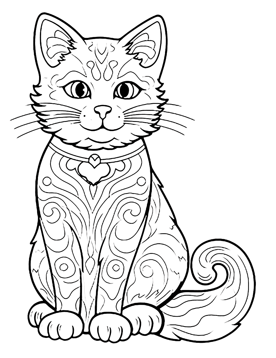 Advanced Mystical Cat Coloring Page - An advanced coloring page of a cat with mystical symbols and patterns on its fur.