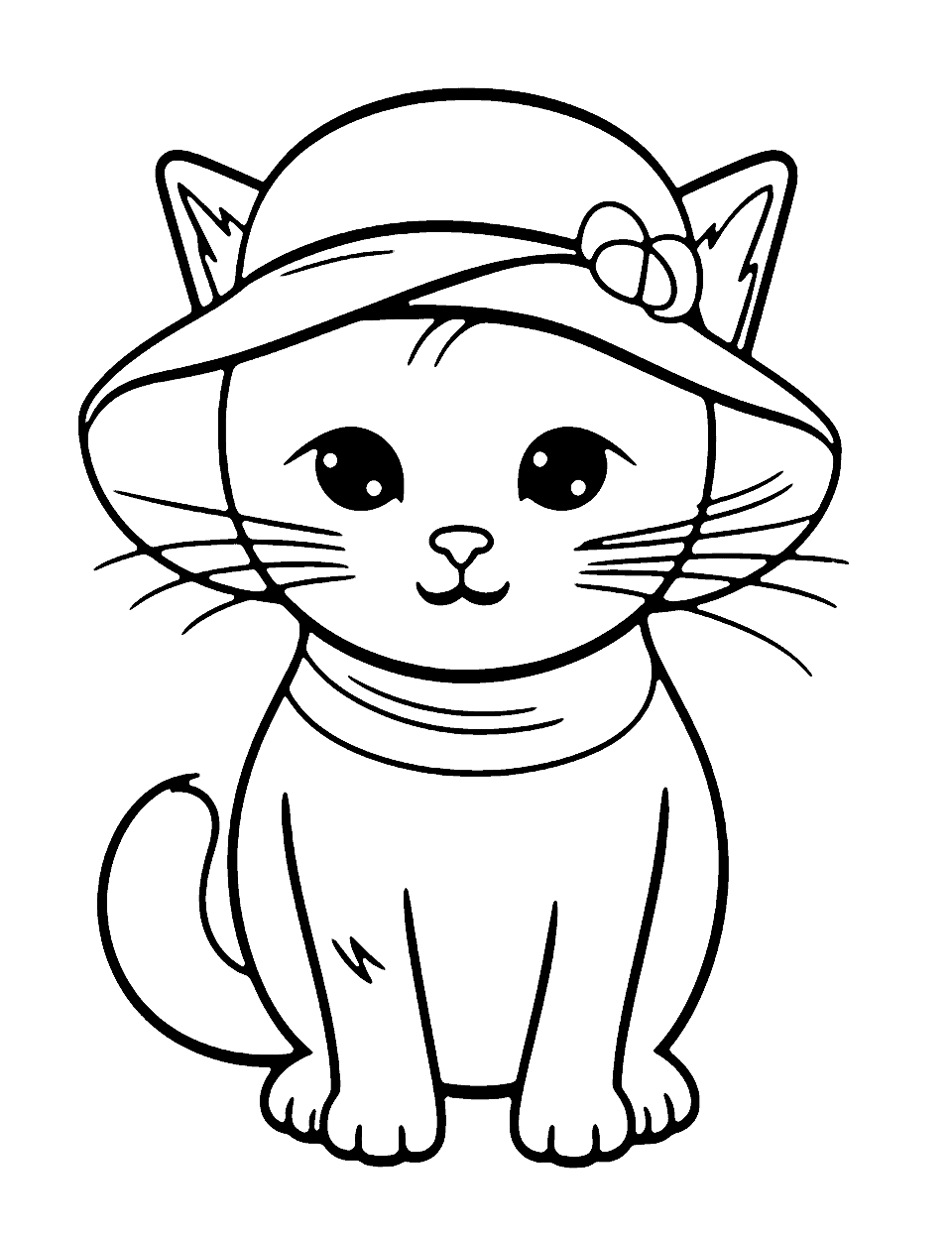 Preschool Cat in a Hat Coloring Page - A cute and simple image of a cat wearing a large, floppy hat.