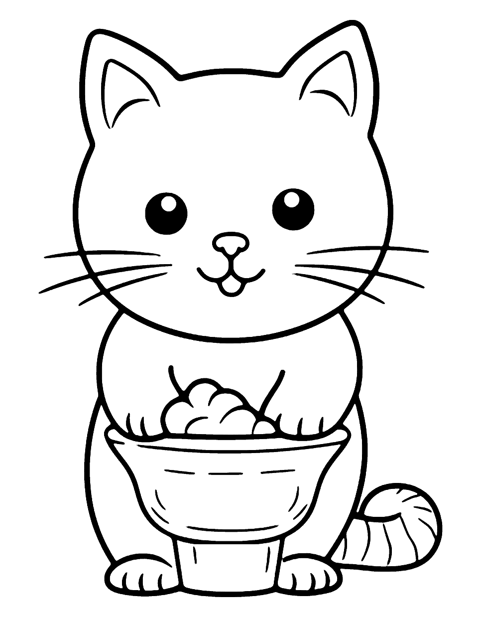 Kawaii Cat With Ice Cream Coloring Page - An adorable, chubby cat happily licking an oversized scoop of ice cream.