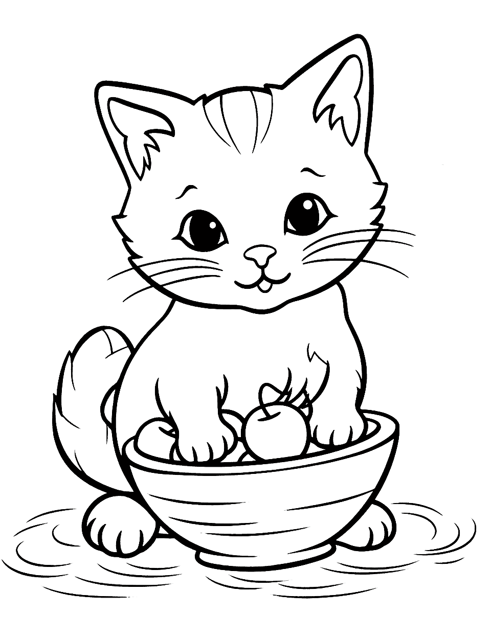 Kawaii Cat With a Fruit Salad Coloring Page - A cute kawaii cat eating a colorful fruit salad from a big bowl.