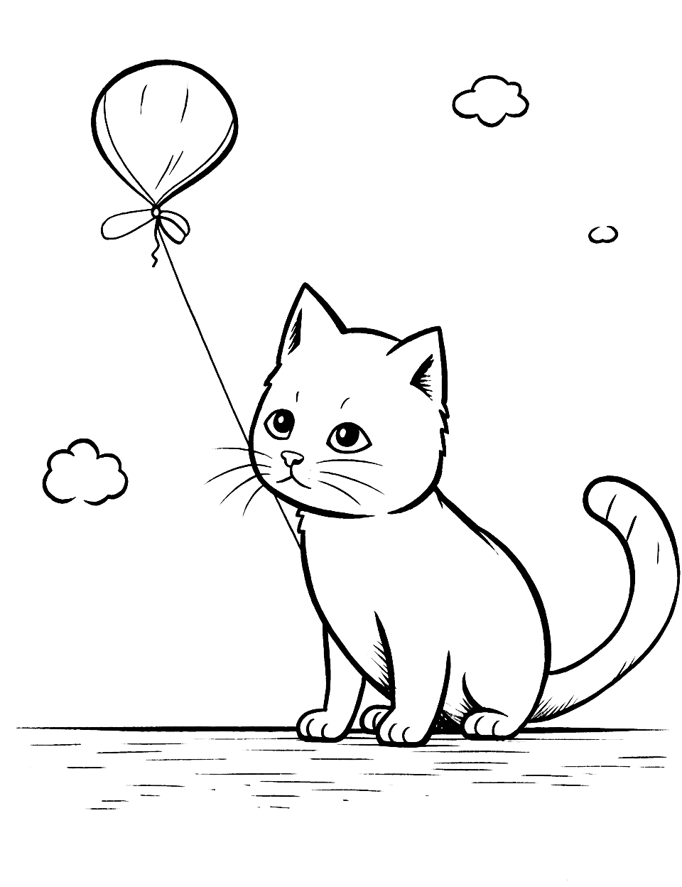 Easy Cat and a Kite Coloring Page - A simple coloring page of a cat watching a kite flying in the sky.