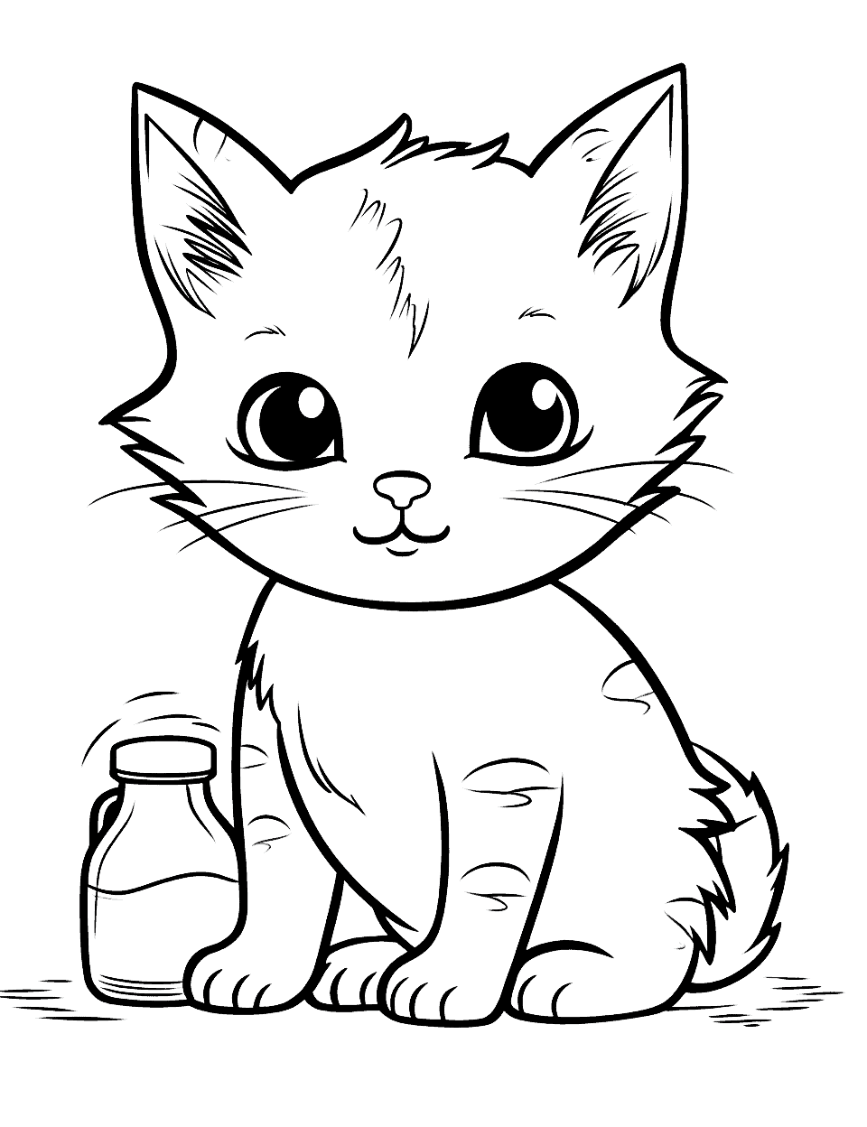 Baby Cat With a Milk Bottle Coloring Page - A baby cat eagerly stands next to a small milk bottle.