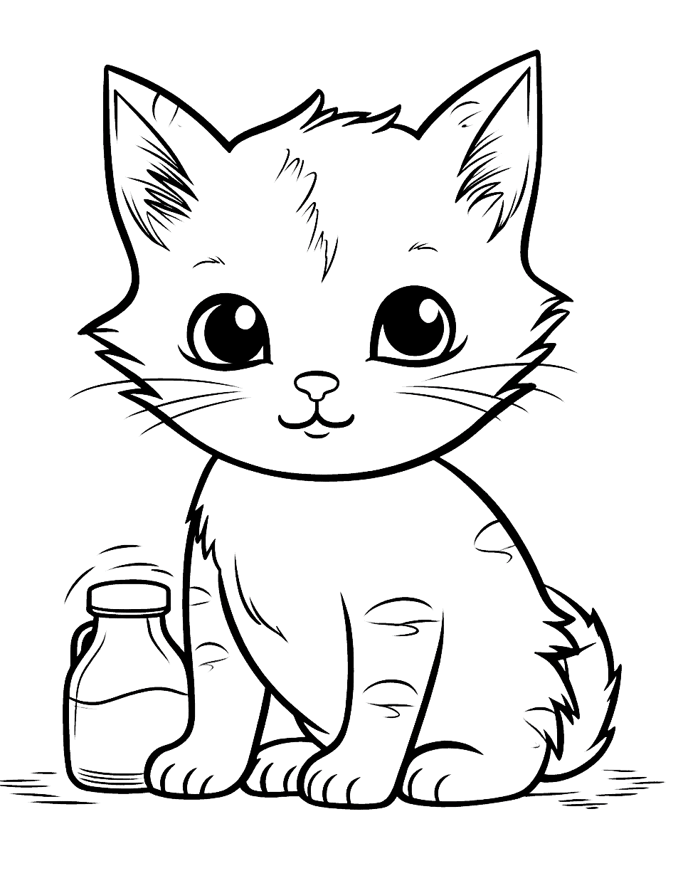 Baby Cat With a Milk Bottle Coloring Page - A baby cat eagerly standing next to a small milk bottle.