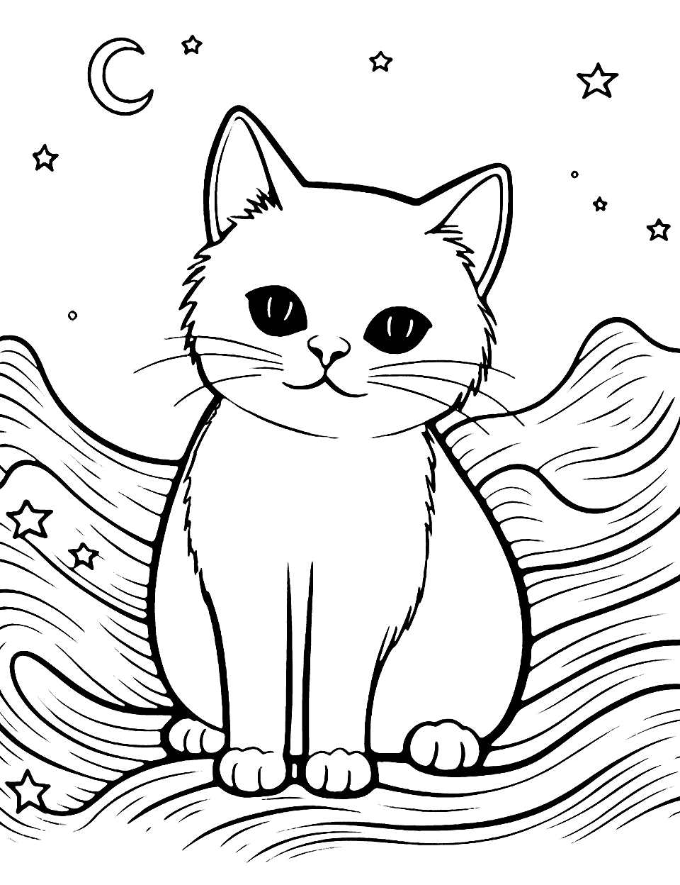 Cat in the Stars Coloring Page - A cat silhouette filled with a starry night sky, perfect for advanced colorists.