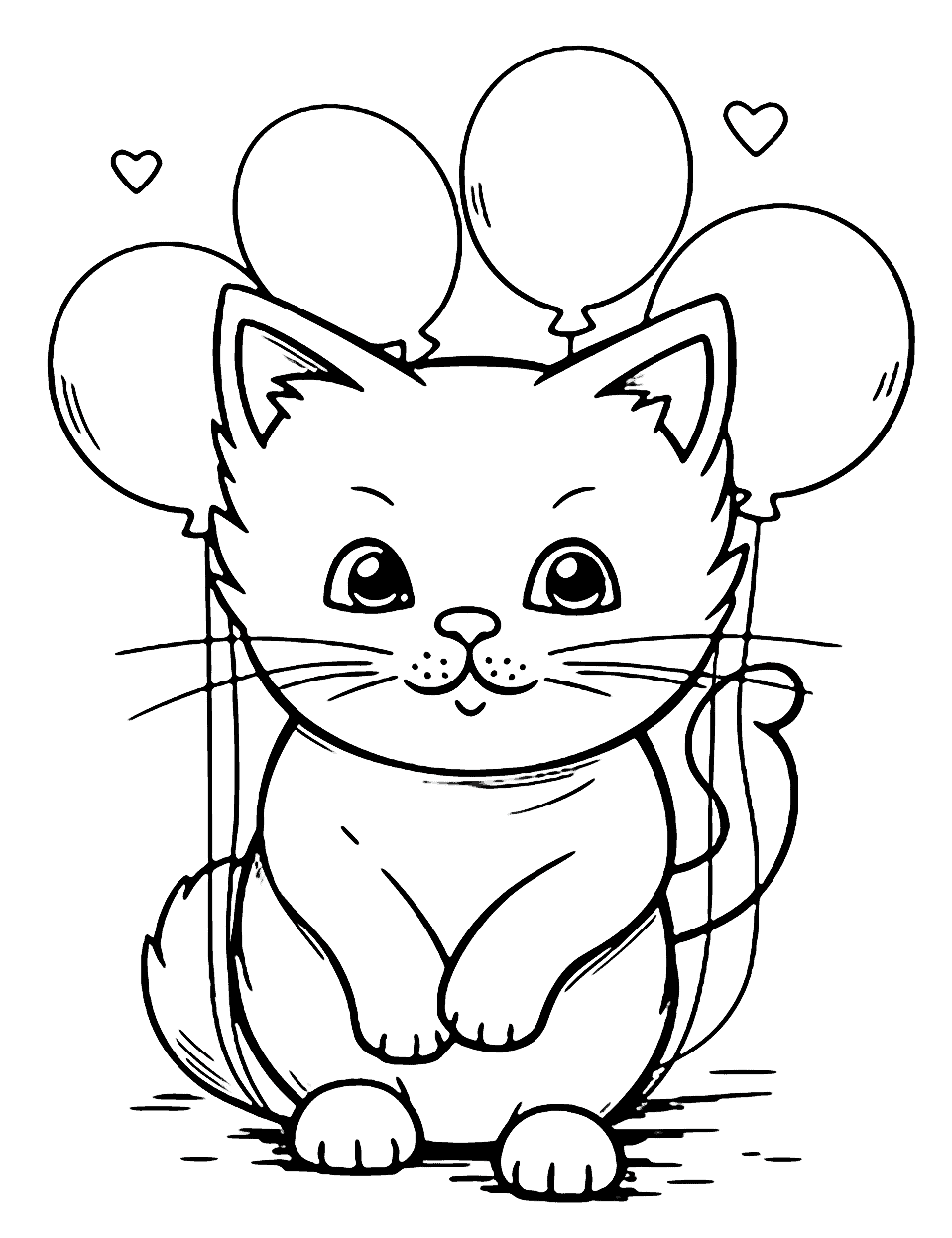 Cat With Balloons Coloring Page - A coloring page of a cat floating away with a bunch of colorful balloons.