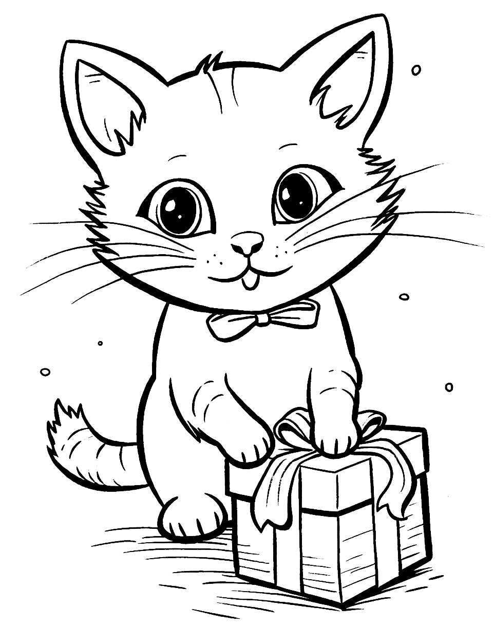 Birthday Cat Opening a Present Coloring Page - A happy cat opening a birthday present with excitement and anticipation.