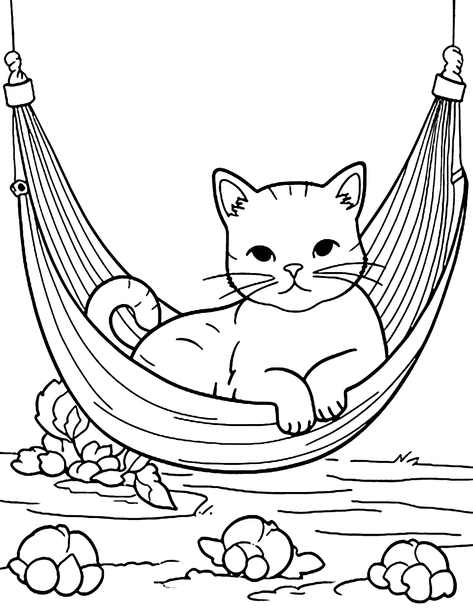 Cat in a Summer Hammock Coloring Page - A cat lazily swaying in a hammock on a warm summer day.