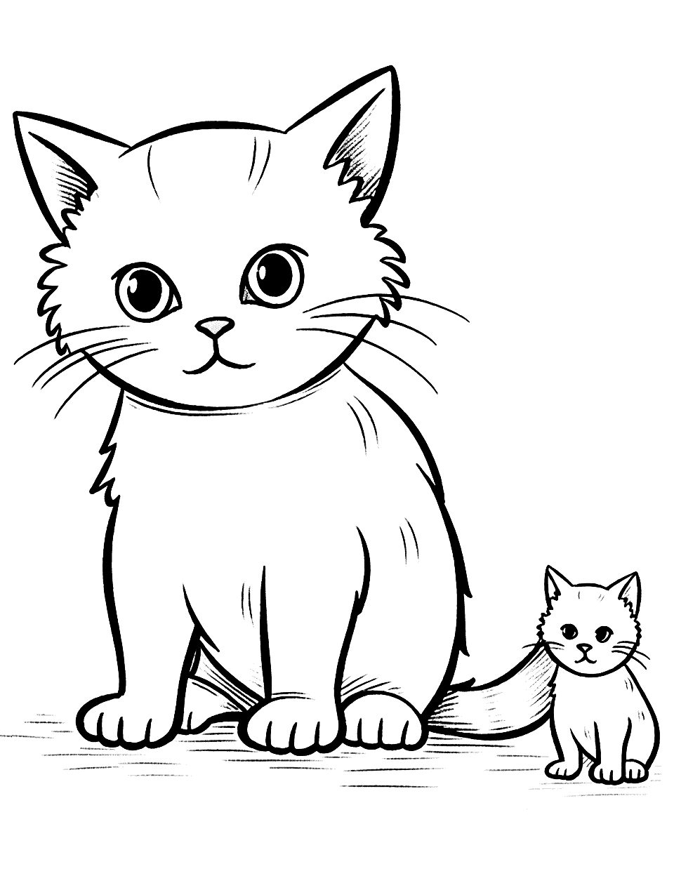 Baby Cat's First Steps Cat Coloring Page - A baby cat is taking its first tentative steps, with its mother watching protectively.