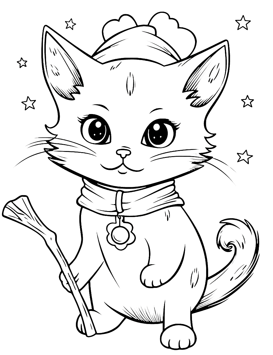 Mystical Cat With a Magical Wand Coloring Page - A cat is casting enchanting spells with a magical wand.