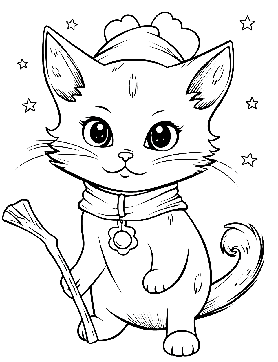 Mystical Cat With a Magical Wand Coloring Page - A cat casting enchanting spells with a magical wand.