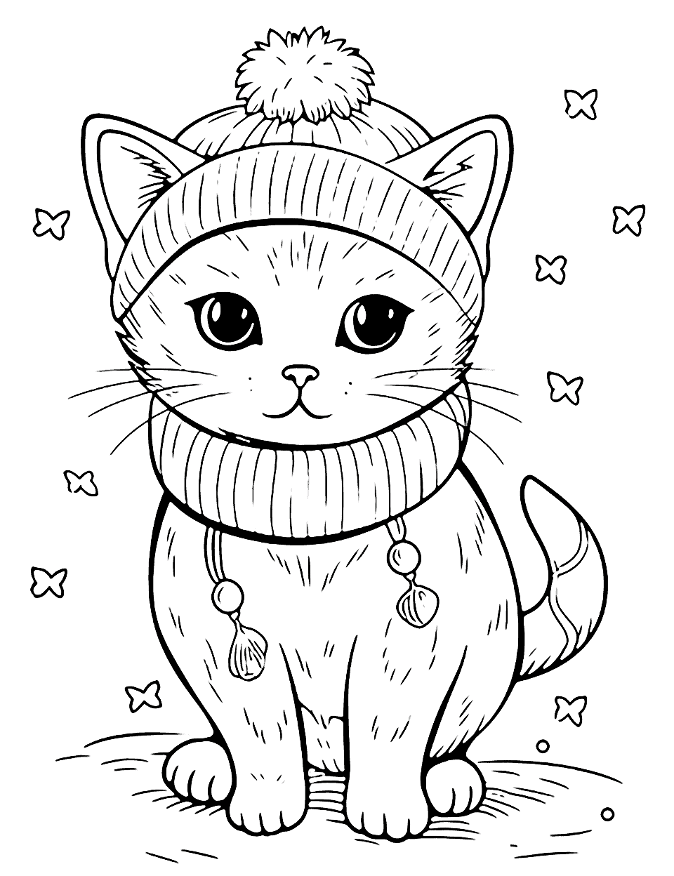 Detailed Winter Cat With a Scarf Coloring Page - A cat wearing a cozy scarf, walking in a winter wonderland with intricate snowflakes.