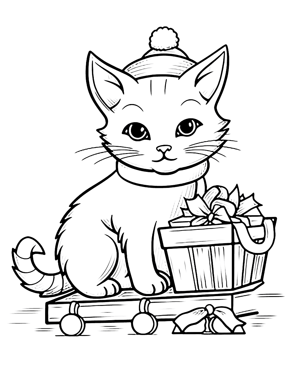 Christmas Cat With a Sleigh of Presents Coloring Page - A cat pulling a sleigh full of presents in a Christmas scene.