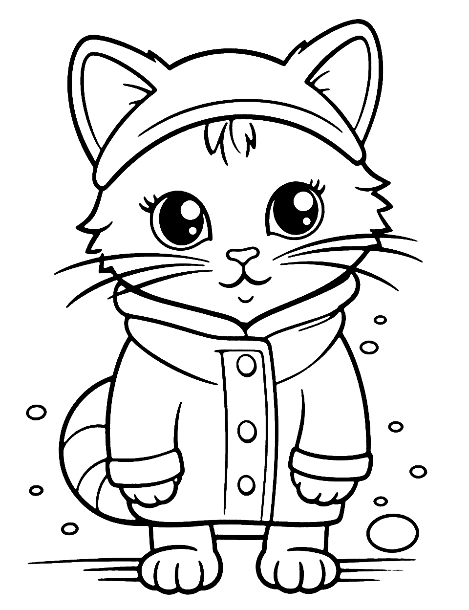 Cat in a Raincoat Coloring Page - A preschool coloring page with a cute image of a cat in a raincoat and boots splashing in puddles.