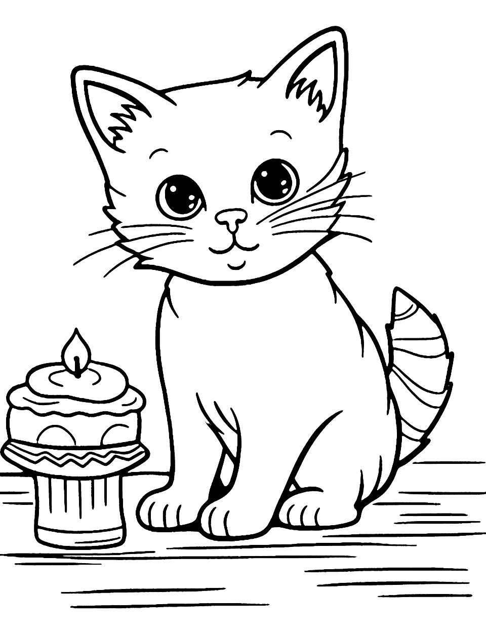 Birthday Cat With a Cake Coloring Page - A cat excitedly looks at a birthday cake with a candle on top.