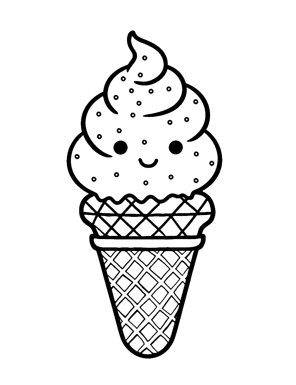 Kawaii Ice Cream Cone Cute Coloring Page - A cute ice cream cone with a smiling face and colorful sprinkles.