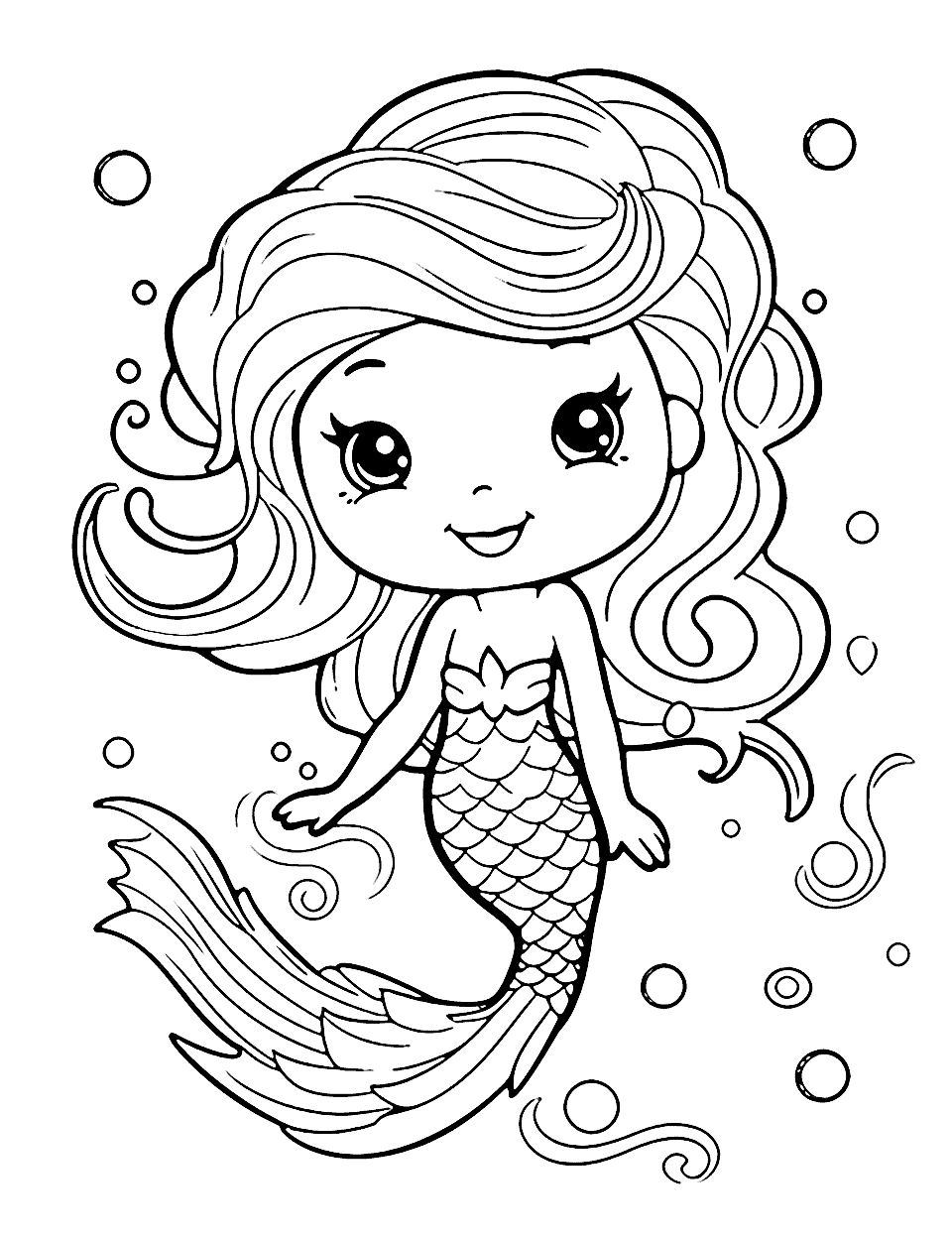 Chibi Mermaid Underwater Cute Coloring Page - A small cute mermaid with colorful scales swimming in an underwater world.