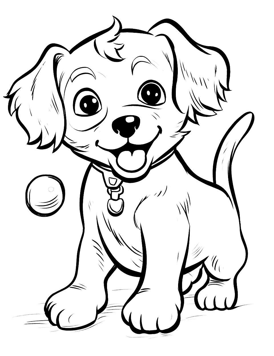 Puppy Playing With a Ball Cute Coloring Page - A playful cute puppy chasing and catching a ball.