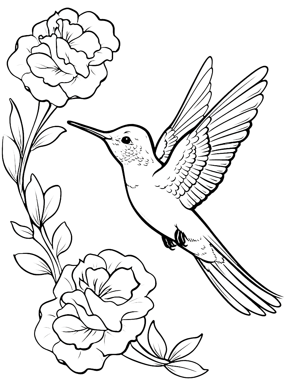 Detailed Hummingbird and Flowers Coloring Page - A beautifully detailed hummingbird hovering near vibrant flowers.