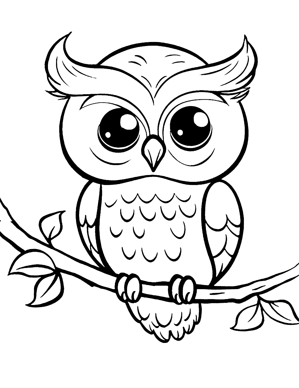 Cute Owl Perched on a Branch Coloring Page - An owl with big eyes is sitting on a branch surrounded by leaves.