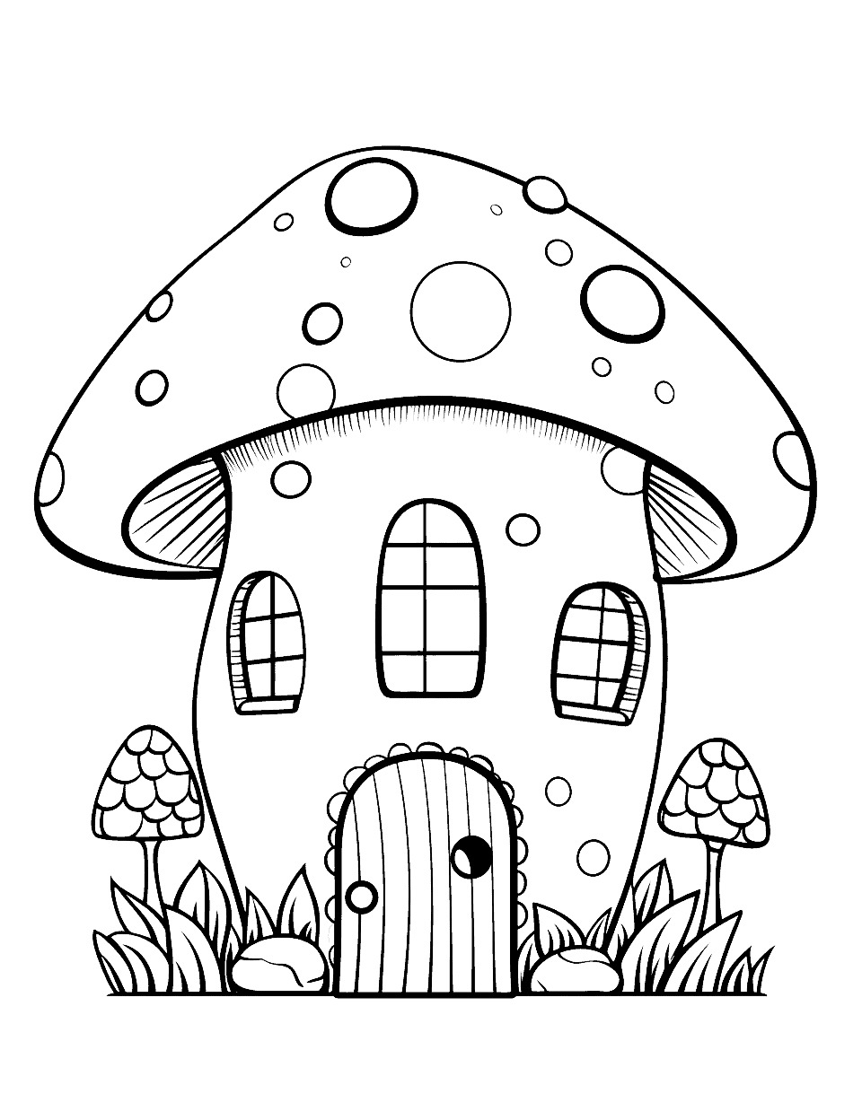 Kawaii Mushroom House Cute Coloring Page - A mushroom-shaped house with cute windows and a door.