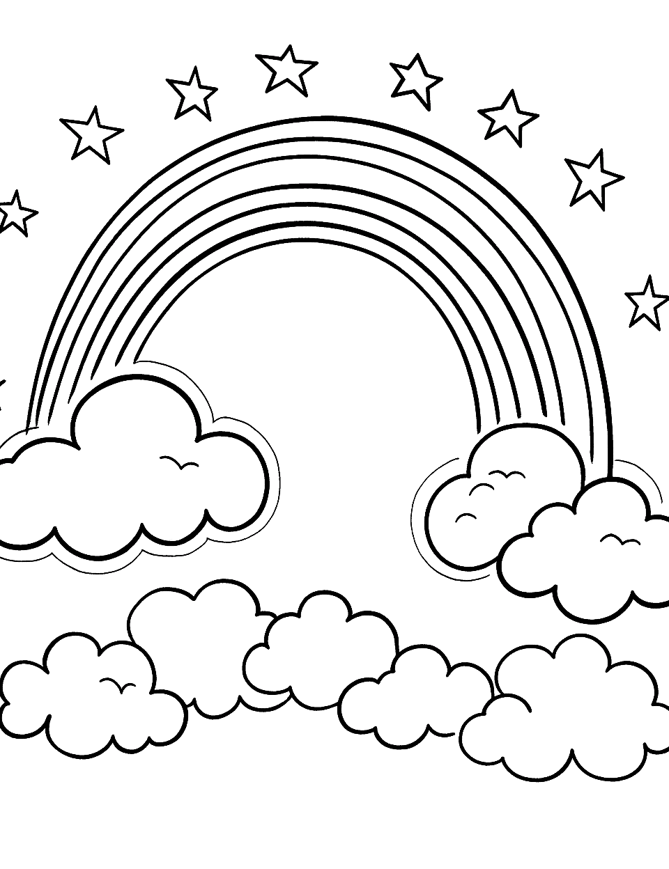 Magical Rainbow Cute Coloring Page - A sparkling rainbow stretching across the sky with fluffy clouds.