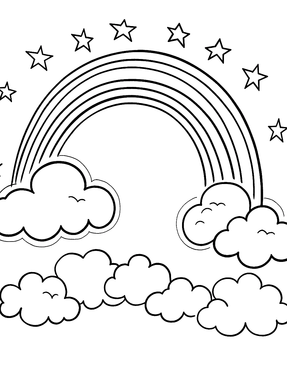 Magical Rainbow Coloring Page - A sparkling rainbow stretching across the sky with fluffy clouds.