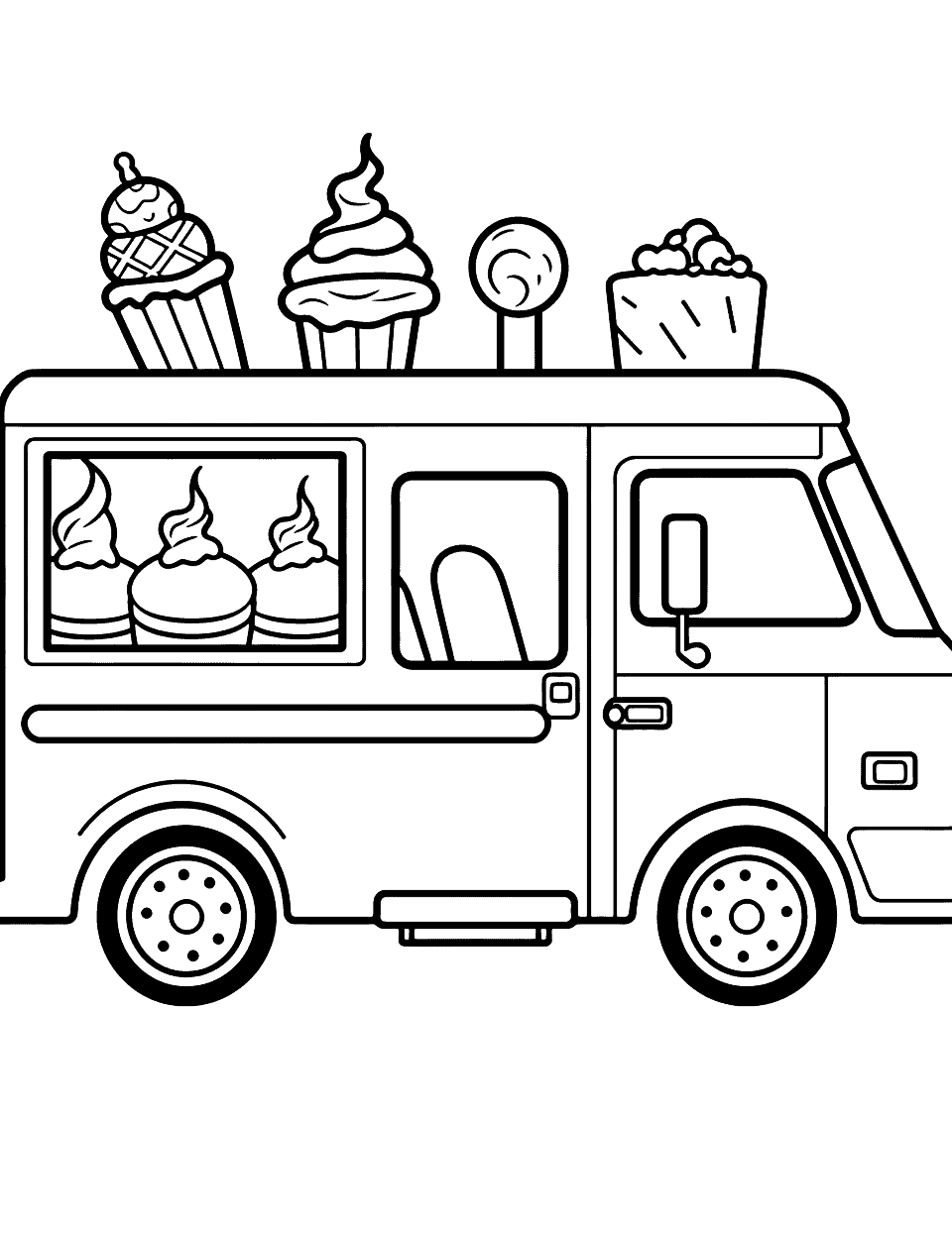 Ice Cream Truck Cute Coloring Page - A cheerful ice cream truck with colorful decorations and various ice cream flavors.