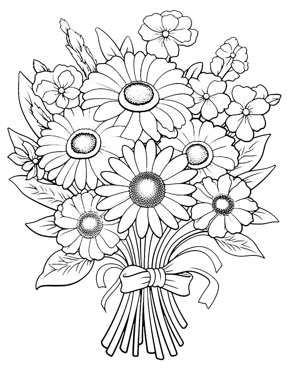 Flower Bouquet Coloring Page - A bouquet of different flowers, including roses, daisies, and sunflowers.