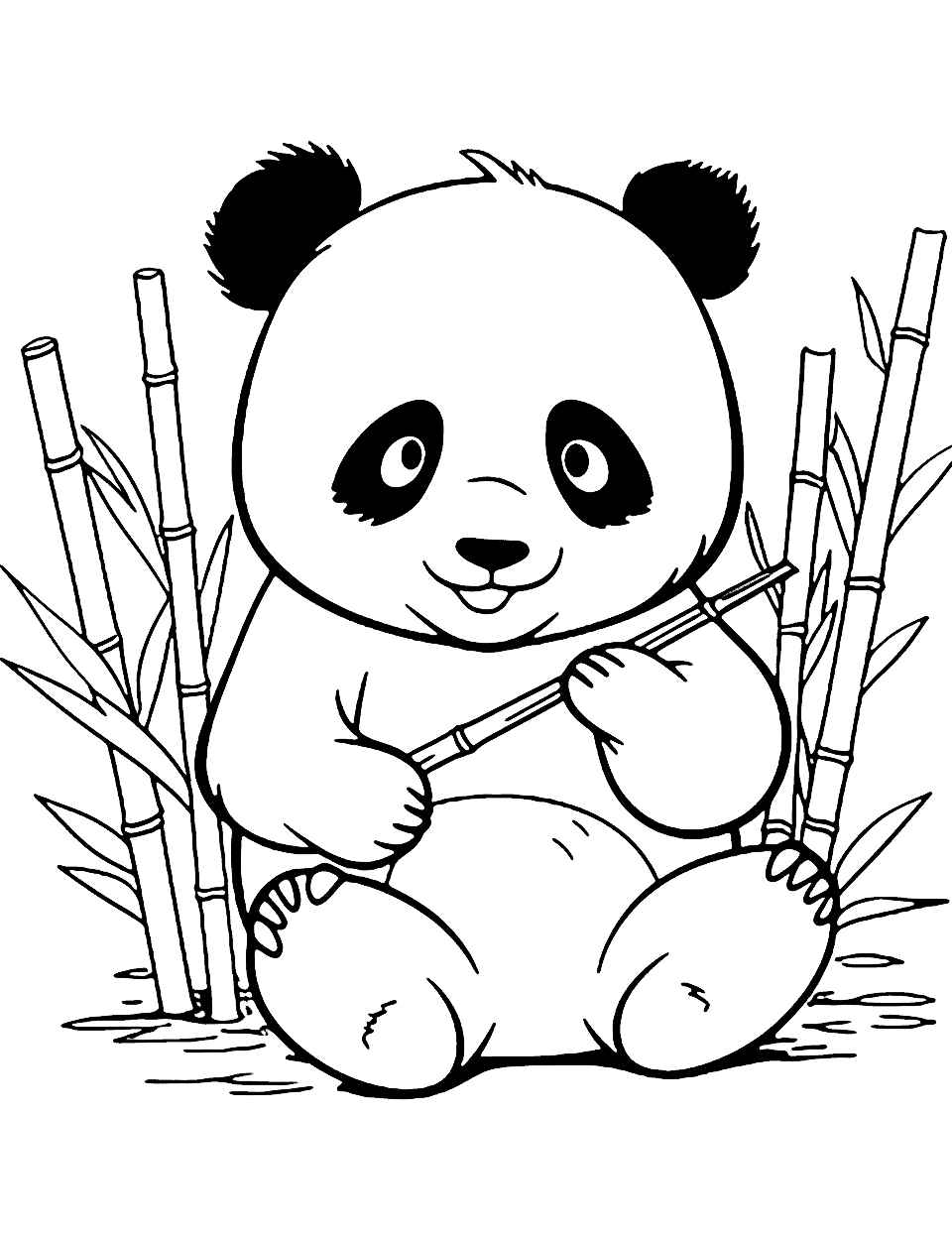 Kawaii Panda With Bamboo Cute Coloring Page - A chubby panda holding a bamboo shoot and eating it.