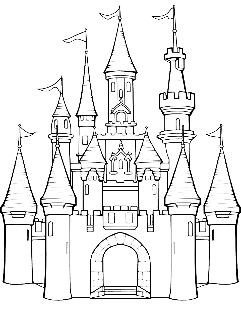 Disney Princess Castle Cute Coloring Page - A beautiful Disney themed castle with tall towers, thick stone walls, and pointy rooftops.